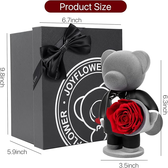 JoyFlower Preserved Flowers with Cute Teddy Bear in Suit, Unique Gentleman Bear Eternal Real Red Rose Romantic Gift with Elegant Gift Box for Girlfriend Wife Her in Valentines Birthday Anniversary
