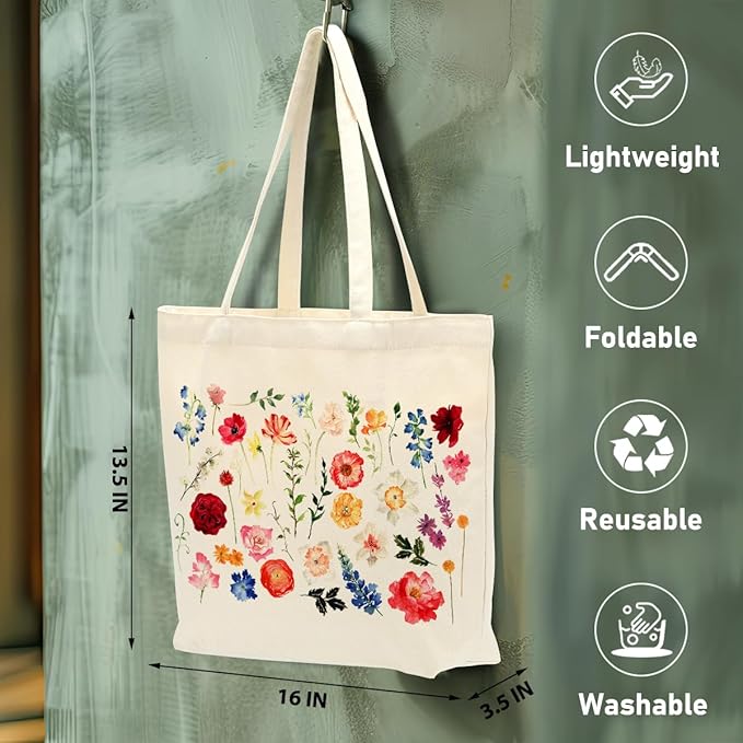 Aesthetic Floral Canvas Tote Bag for Women with Pocket, Tote Bags for Grocery Shopping Work Gym Christmas Birthday