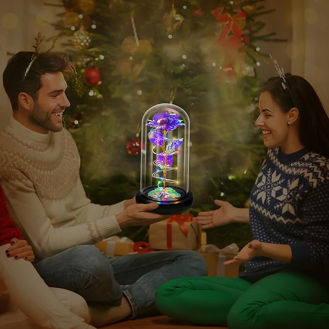 Childom Christmas Rose Gifts for Women,Birthday Gifts for Women Mom Christmas,Flowers for Delivery Prime,Purple Light Up Rose in A Glass Dome,Anniversary Flowers Gift for Her Grandma Valentines Day