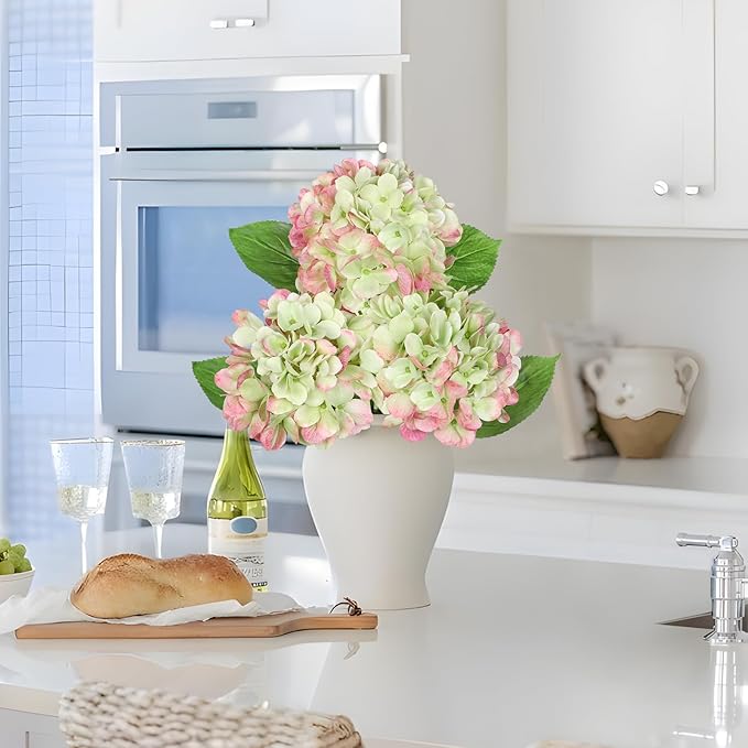 Oairse 3Pcs Green Hydrangea Artificial Flowers 19.7 in Real Touch Faux Hydrangea Stems Silk Flowers with Stems Fake Green Flowers Bouquet for Floral Arrangements Table Centerpieces Wedding Home Decor