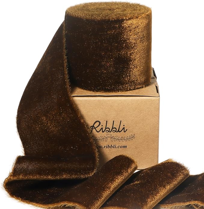 Ribbli Brown Velvet Ribbon 2 Inch Handmade Frayed Vintage Christmas Ribbon for Gift Wrapping Christmas Tree Ornament Wreath Craft Home Decor -3 Yards