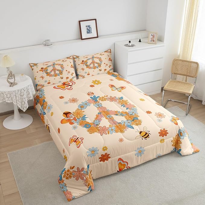 Retro 70s 60s Hippie Comforter Set Full Size,Groovy Flowers Butterfly Honeybee Bedding Comforters Room Decor,Floral Peace Symbol Quilt Set with 2 Pillowcases,Teens Present