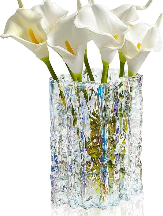 Aoderun Glass Vase Crystal Vase Heavy Duty Large Flower Vase for Dining Table Kitchen Office Home Shelf Wedding Living Room Centerpieces(Iridescent Clear)