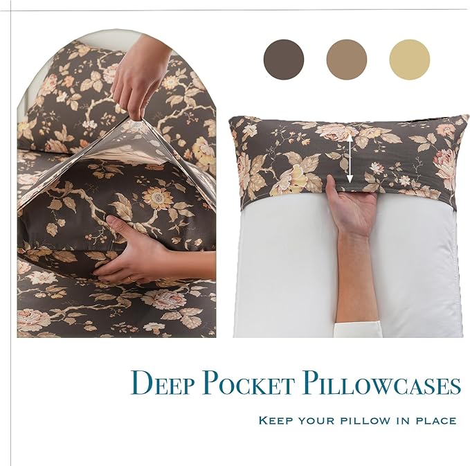 Zusbest Dark Brown Floral Bed Sheets Set - California King Percale Cotton Shabby Rustic Peony Flower Print Bed Sheets - Soft Breathable Mocha Classic Vintage Bedding 4 Pcs Deep Pockets Flower Sheets