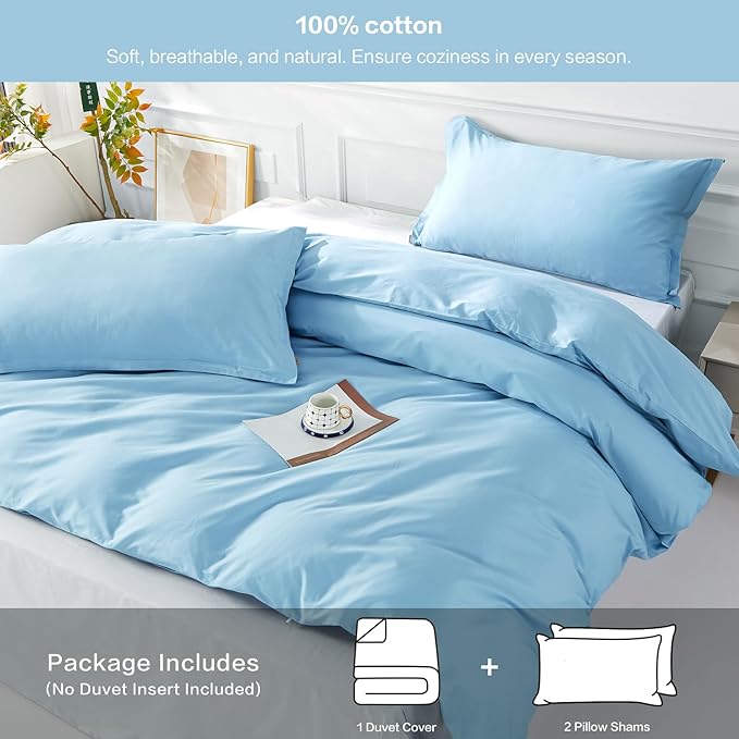 SAPHREAS Blue Duvet Cover Queen Size 3 Pieces Extra Soft 100% Cotton Bedding Set, Includes 1 Duvet Cover 90"x90" with Zipper Closure & 2 Pillow Shams, Comforter Not Included