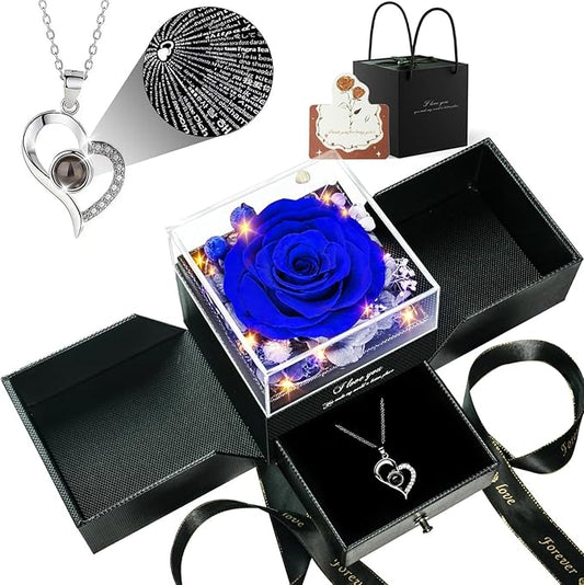Birthday Gifts for Women, Preserved Real Roses with Heart Necklace I Love You in 100 Languages, Romantic Anniversary Wedding Gifts for Women Her Girlfriend Wife, Forever Roses Necklace Gift Box Blue