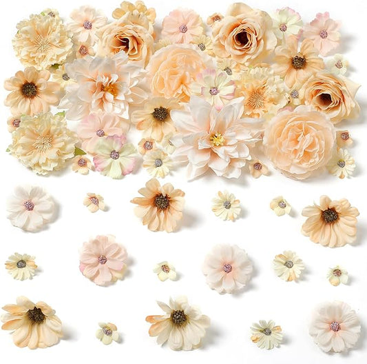 Artificial Flower Heads Combo - Champagne Silk Dahlia & Roses Fake Flowers for Wedding, Party, Graduation Cap DIY, Cake Decoration, Table Centerpieces, Home Decor