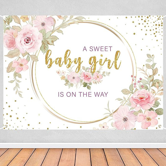 Sweet Baby Girl is On The Way Backdrop - 7x5ft Pink Floral Baby Shower Banner for Girl, Watercolor Gold Glitter Party Decorations, Gender Reveal Newborn Welcome Photo Booth Background
