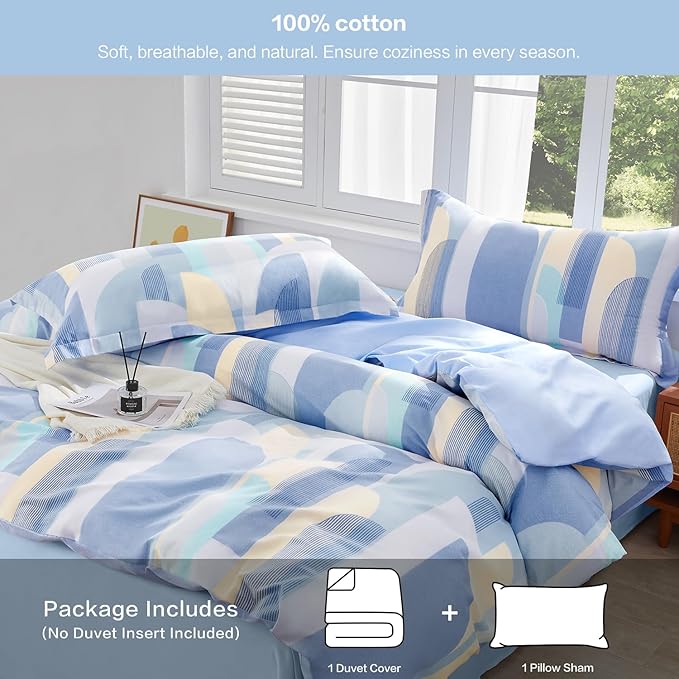 SAPHREAS Blue Geometric Pattern Duvet Cover Set 2pcs Twin Size 100% Cotton Colorful Blocks Bedding Comforter Cover Set 1 Duvet Cover 1 Pillow Case