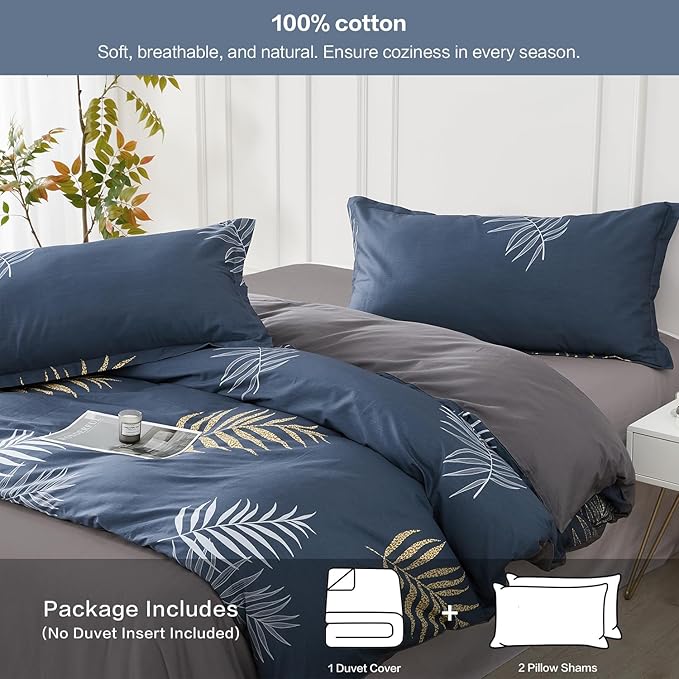 SAPHREAS Tropical Navy Duvet Cover Set 3pcs Queen Size Light Blue White Botanical Palm Leaves Bedding Comforter 100% Cotton Cover Set 1 Duvet Cover 2 Pillow Shams, Comforter Not Included