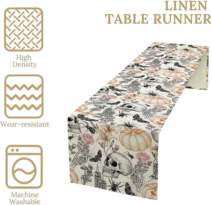 Gothic Table Runner,Black White Skull Moth Pumpkin Halloween Table Runner for Home Kitchen Table Dining Garden Farmhouse Wedding Party Decor 13x120 Inch