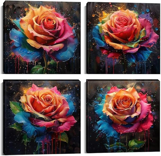 Pankila Colorful Rose Wall Art Floral Pictures Canvas Prints Abstract Rose Flower Wall Decor for Living Room Bedroom Bathroom Home Decorations Framed Artwork Ready to Hang (16''W x 16''H x 4)