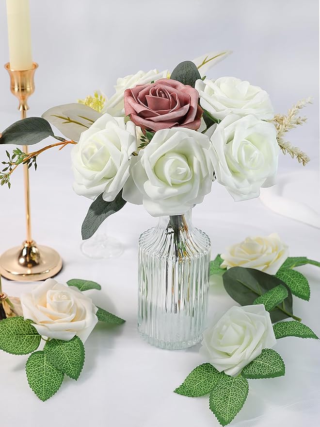 Meldel Artificial Flower 25pcs Real Looking Ivory White Fake Foam Roses with Stems for DIY Wedding Bouquets Gifts Bridal Shower Faux Floral Centerpieces Arrangements Home Party Tables Decorations
