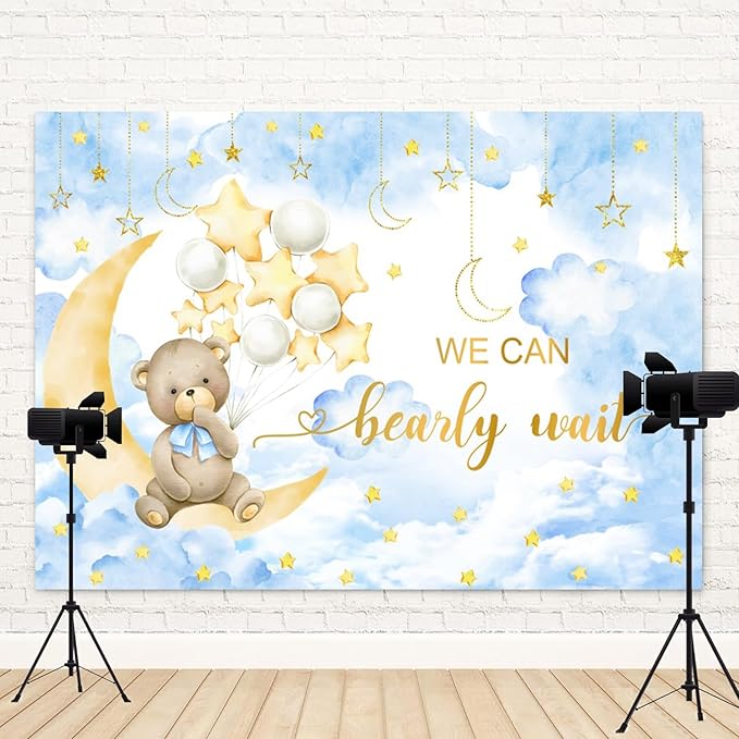 10x8ft Baby Shower Backdrop We Can Bearly Wait Photography Background Bear White Balloons Blue Clouds Moon Stars Cartoon Banner Decorations Birthday Party Newborn Portrait Photo Booth Prop