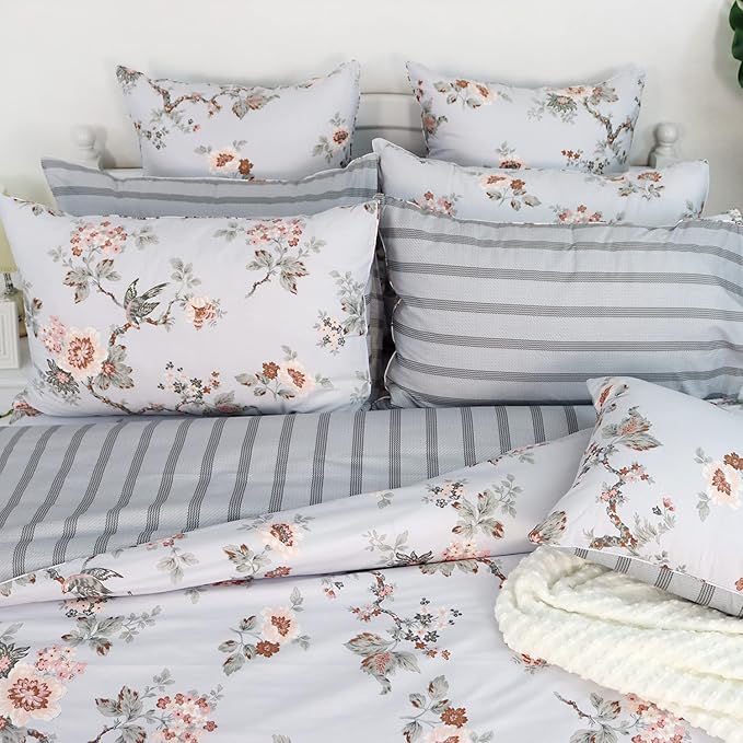 FADFAY Duvet Cover Set Twin XL Elegant Floral College Bedding Shabby Grey Bird Print Flower Quilt Cover Set 100% Cotton Soft Comforter Cover Set with Zipper Closure 3Pcs, Twin XL Size for Dorm Room