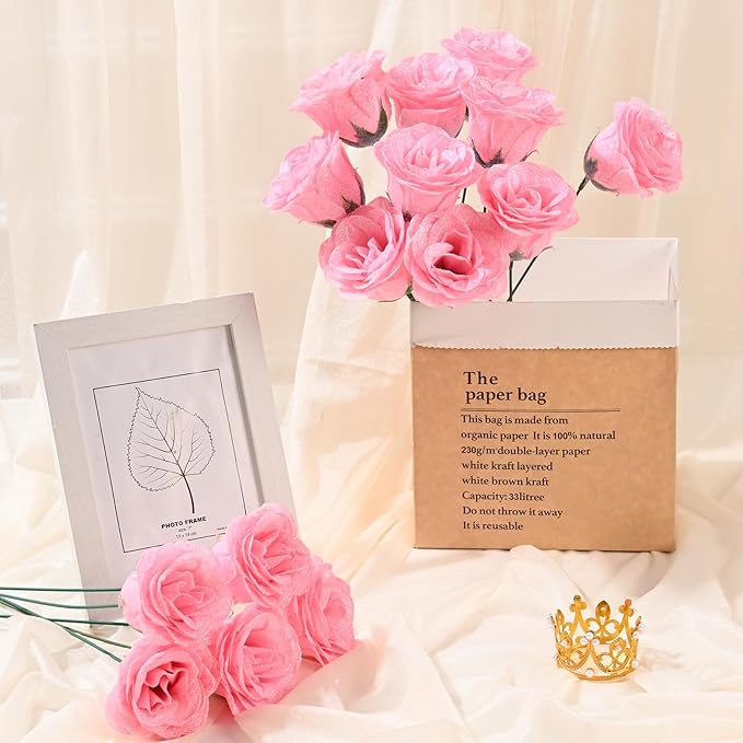 Waipfaru Glitter Roses Bouquet, DIY Fake Flowers Bouquet, Birthday Gifts for Women Mom, 36 Pcs Pink Rose for Grandma Wife Girlfriend Valentines, Mothers Day, Anniversary, Graduation