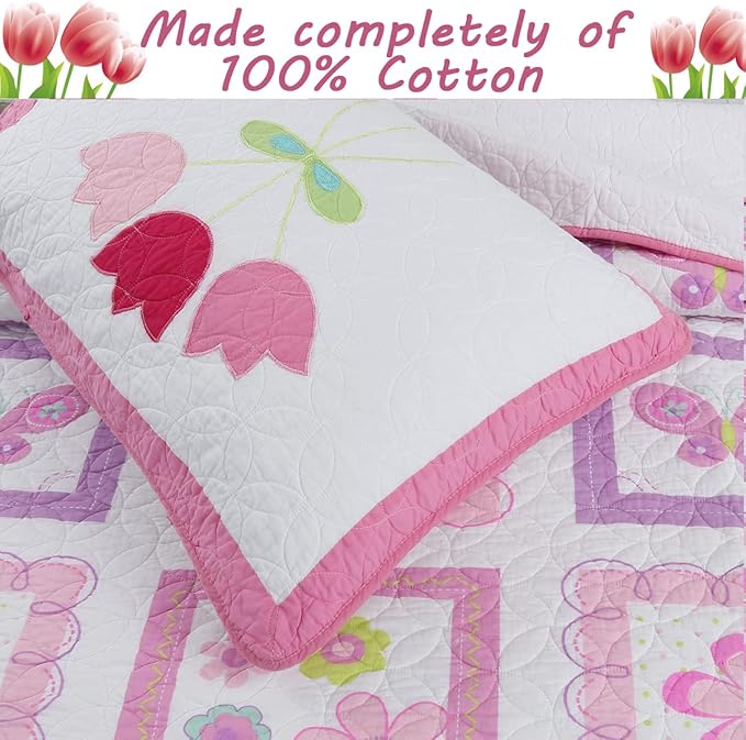 Cozy Line Home Fashions 100% Cotton Pink Floral Print Girl Reversible Quilt Bedding Set, All Season Lightweight Coverlet, Bedspread (Butterfly Tulip, Twin-2 Piece)