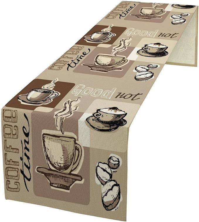 Coffee Table Runner,Vintage Style Coffee Cup Bean Abstract Theme Pattern Print Tablecloth Burlap for Hotel Indoors Outdoor Dining Room Kitchen Table Decor, 13x108in