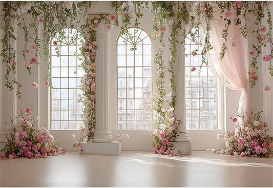 Baocicco Pink Palace Backdrops 10x8ft White and Pink Windowsills Botanical Background Princess Birthday Party Banner Supplies Wedding Ceremony Anniversary Engagement Banner Photo Booth Studio Prop