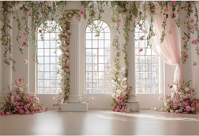 Baocicco Pink Palace Backdrops 20x10ft White and Pink Windowsills Botanical Background Princess Birthday Party Banner Supplies Wedding Ceremony Anniversary Engagement Banner Photo Booth Studio Prop