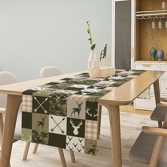 Farmhouse Table Runner, Rustic Deer Camouflage Buffalo Plaid Wild Animal Seasonal Coffee Table Center Decor for Home Kitchen Dining Patio Holiday Party Table Decorations 13x90 inches