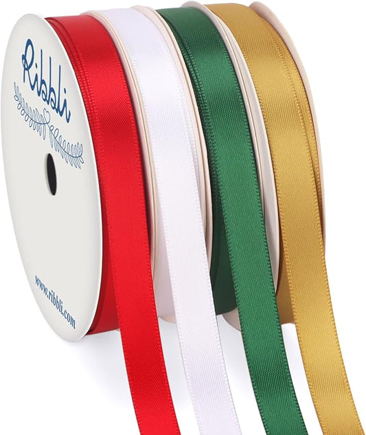 Ribbli Christmas Satin Ribbon 3/8 Inch x 4 Rolls Total 40 Yards- Red White Green Gold Ribbon for Gift Wrapping Christmas Decoration and Crafts