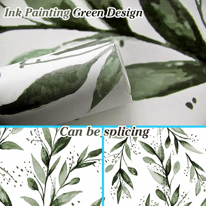 Erfoni Green Leaf Peel and Stick Wallpaper Green Contact Paper 17.7"x 118.1" Boho Leaves Self Adhesive Wallpaper Modern DIY Removable Wall Paper for Bedroom Cabinets Decor Vinyl Roll