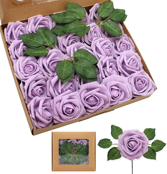 Artificial Roses Flowers 50pcs Real Looking Foam Fake Roses with Stems for DIY Wedding Bouquets Bridal Shower Centerpieces Party Decorations (50, Light Purple)