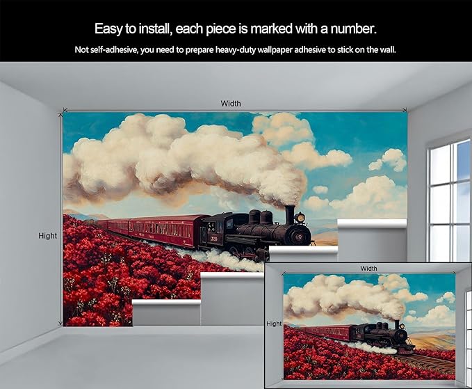 Vintage Train Wall Mural, Steam Engine Landscape 3D Wall Murals, Train Through Flower Field Wallpaper Mural, for Living Room Bedroom Large Wallpaper Indoor Decor 137.8" W x100 H