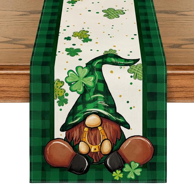 Artoid Mode Shamrock Buffalo Plaid Gnomes Lucky St. Patrick's Day Table Runner, Kitchen Dining Table Decor for Outdoor Home Party Decor 13 x 72 Inch