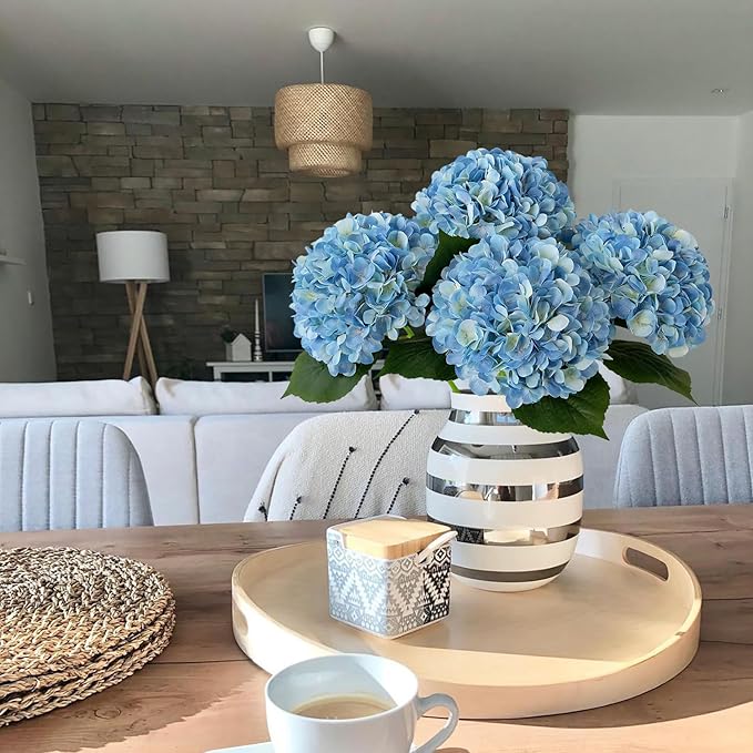 Blue Flowers Hydrangea Artificial Flowers, 4Pcs 22" Large Lifelike Silk Artificial Hydrangeas, Full Fake Flowers for Bouquet Table Centerpieces Outdoor Wedding Indoor Home