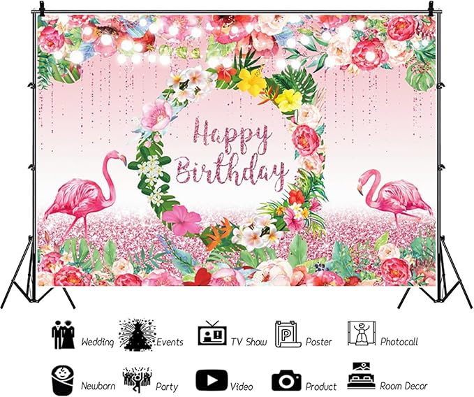 Renaiss 5x3ft Pink Flamingo Happy Birthday Backdrop Tropical Leaves Floral Hoop Winkle Hawaiian Photography Background Luau Aloha Party Decor Girls Birthday Photo Props Dessert Gift Table Banner