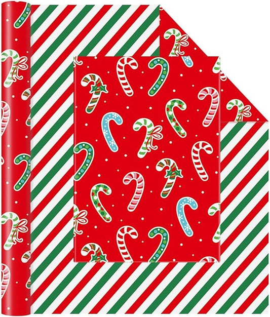 WERNNSAI Candy Cane Christmas Wrapping Paper - 1 Roll 17”x 33 ft Red Christmas Wrapping Paper for Kids Reversible Candy Cane and Stripe Gift Wrap for Xmas Holiday Winter Party Celebration