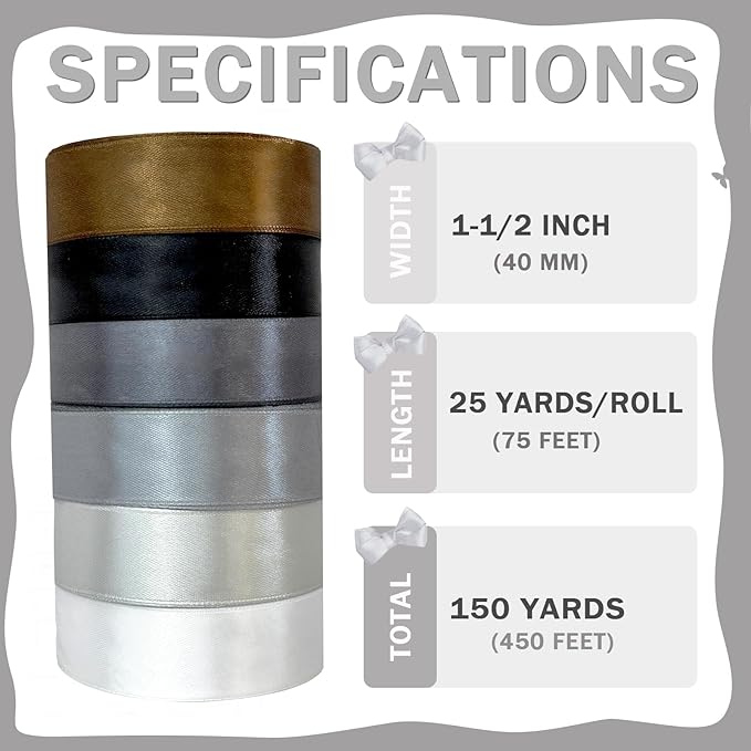150 Yards Black Satin Ribbon 1-1/2 Inch 6 Rolls Assortment Ribbons for Crafts Gift Wrapping Flower Bouquet Wedding Invitations Birthday Party Festival Decoration Hair Bows
