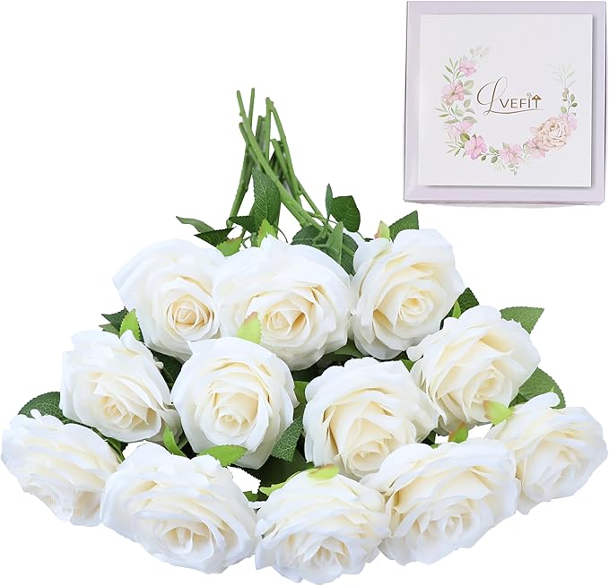 Artificial Rose Flower Ivory Flowers Ivory Roses White Roses Silk Flowers 12 pcs with Long Stem Silk Roses Bouquet for Wedding Bridal Shower Party Home Decoration