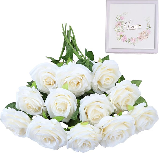 Artificial Rose Flower Ivory Flowers Ivory Roses White Roses Silk Flowers 12 pcs with Long Stem Silk Roses Bouquet for Wedding Bridal Shower Party Home Decoration