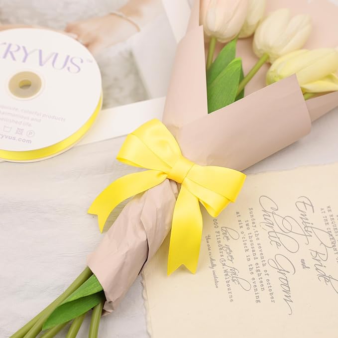 Daffodil Yellow Satin Ribbon, Double Faced 7/8 Inch X 25 Yards Daffodil Ribbon, Premium Satin Ribbon for Gift Wrapping, Crafts, Hair Bow Making, Sewing, Flower Bouquet, Wedding Party Decor