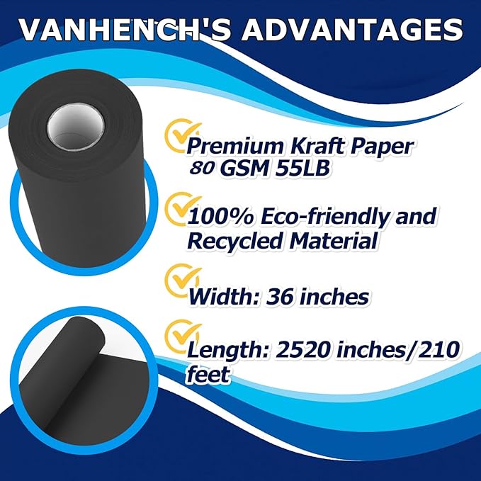 Vanhench 36" x 2520" (210') Black Wrapping Paper, Art Construction Paper for Gifts, Birthday, Bouquet Flower & Poster Bulletin Board, 80GSM (55lb)