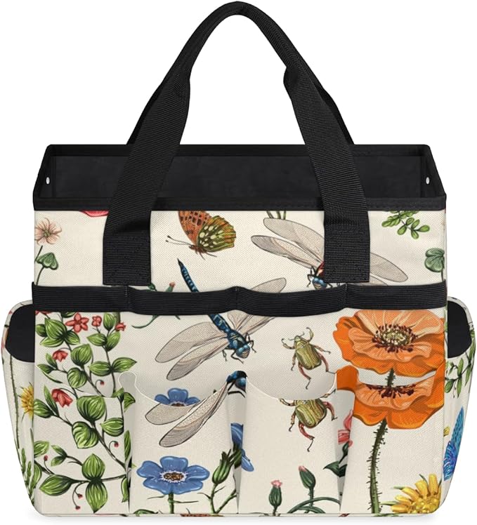 Garden Tool Tote Bag for Women Men Flower Butterfly Dragonfly Gardening Tool Storage Bags with 10 Pockets Standable Garden Home Tool Kits Organizer for Indoor Outdoor Gardening Gifts