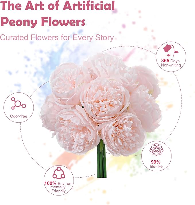 10PCS Pink Realistic Artificial Flowers Peony Fake Silk for Home Office Wedding Table Centerpieces Party Festival Bar Decoration Indoor