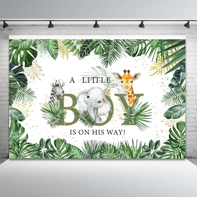 9x6ft Baby Shower Backdrop A Little Boy is On His Way Photography Background Jungle Animals Elephant Giraffe Green Gold Leaves Kids Party Banner Decorations Newborn Parties Photo Booth Prop