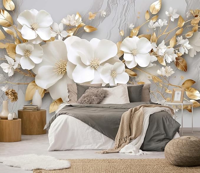 3D Wallpaper Illustration Beige Background Large White Abstract Gold Leaf Flower for Living Room Bedroom Backdrop Decoration（Non-self-Adhesive）