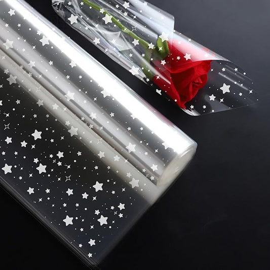 GWHOLE Clear Cellophane Wrap Roll, 65 Ft x 23.6 in Star Pattern Cellophane Wrap Clear Wrapping Paper for Gift Baskets Flowers Treats Wine (Width 23.6" folded into 11.8")