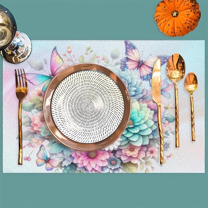 PVC Placemats Set of 1 Spring Flower Floral Wipeable Table Mats Washable Heat Resistant Non Slip Vinyl Dining Table Mat for Kithen Indoor Outdoor Patio Farmhouse Place Mats Decorative