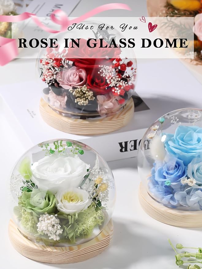 FIACO Preserved Rose Birthday Gift for Women Forever Fresh Flowers for Prime Delivery Gift for Mom Grandma Wife Valentines Mothers Day Christmas Anniversary Eternal Roses in Glass Dome