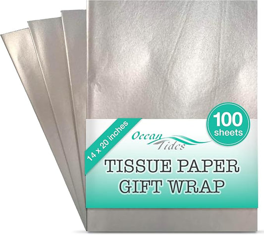 Ocean Tides 100 Sheets (14 x 20 Inches) Christmas Wrapping Paper – Gift Wrapping Tissue Paper Bulk for Crafts, Birthdays, & Holidays – Colored Tissue Papers for Gift Bags & Decorations, Silver