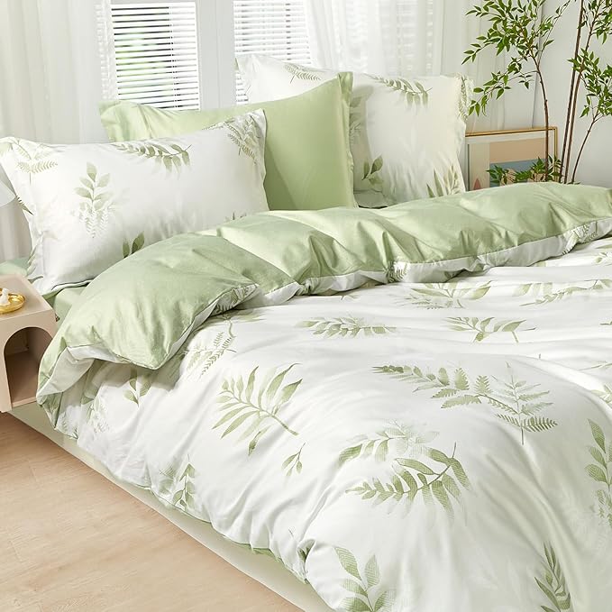 SAPHREAS Tropical Leaf Pattern Duvet Cover Set King Size 3pcs Green Leaves Botanical Bedding Comforter Cover Set Cotton Soft Breathable 1 Duvet Cover 2 Pillow Shams, Comforter Not Included