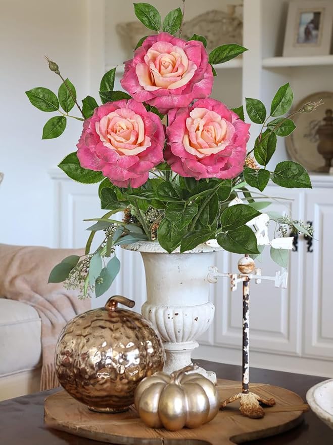 Hollyone 3Pcs Pink Roses Artificial Flowers Bouquets 26.3" Fake Flower Arrangements Silk Flowers Rose with Long Stem Floral Branch Faux Roses Flowers DIY Wedding Party Table Centerpieces Home Decor