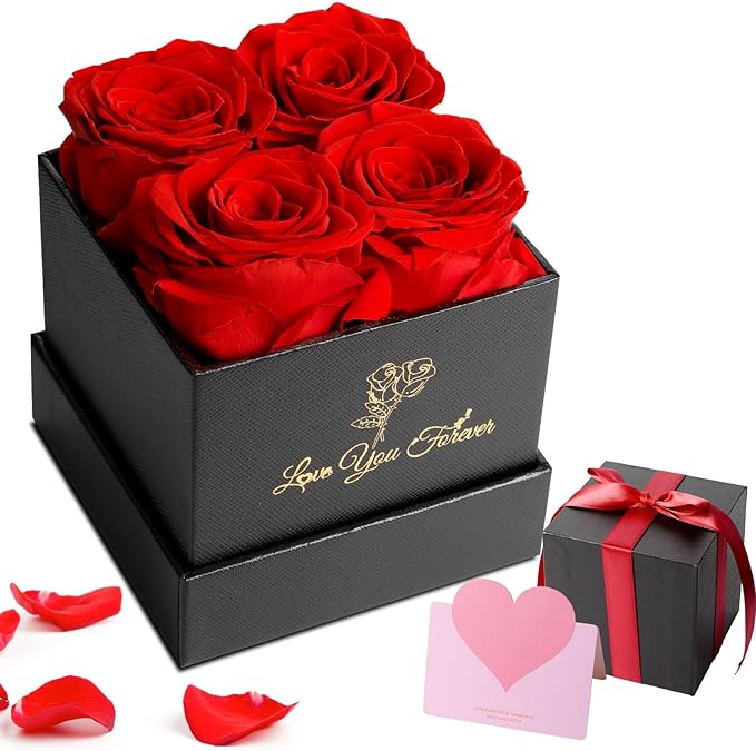 4 Preserved Flower, Fresh Flower Forever Roses in Square Shape Box, Immortal Roses Gift for Her Eternal Roses, 100% Real Roses, Birthday Gifts for Women, Wife, Her, Mom, Valentine's Day Gift - Red