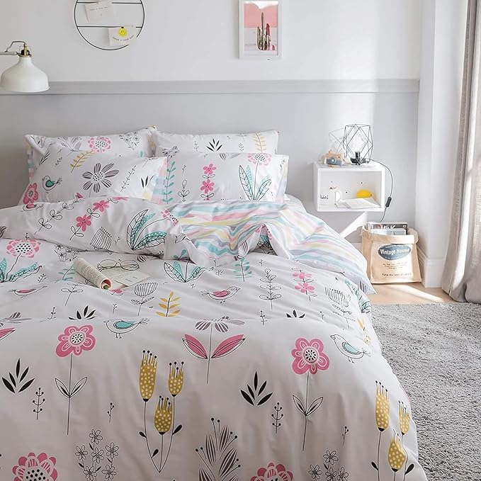 Floral Girls Duvet Cover Twin Boho Floral Bird Print Bedding Sets Garden Style Cotton Comforter Cover Reversible Striped Bedding Sets Kids Teens Bedroom Comforter Cover Aesthetic Duvet Cover Set